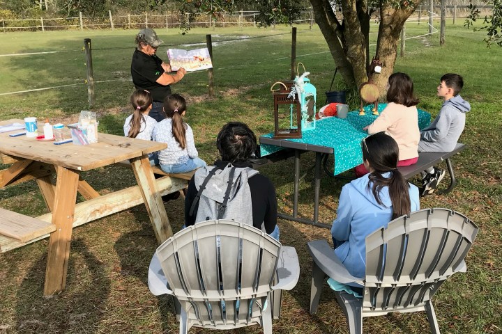a group of people sitting at a picnic table