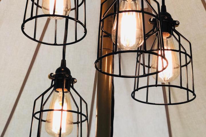 a clock hanging from the ceiling